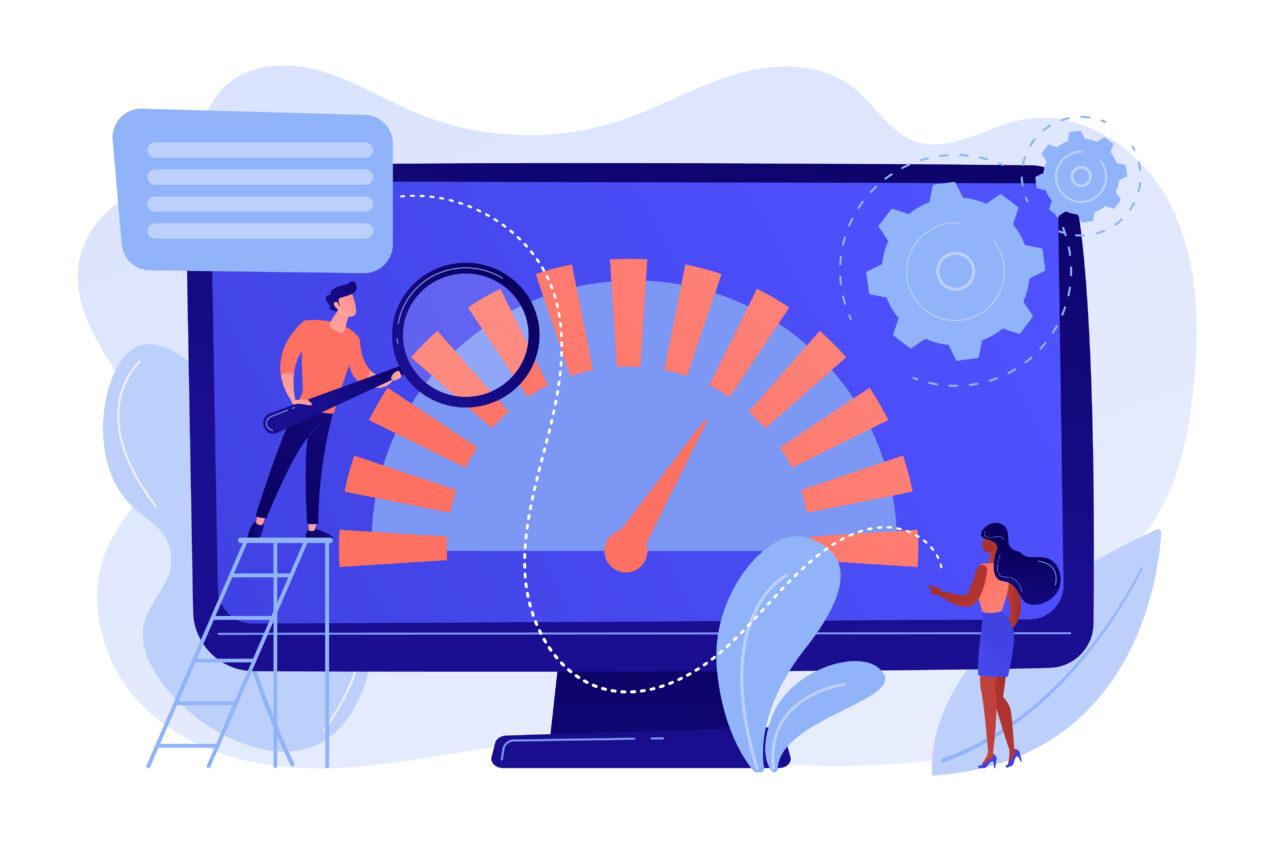 Tiny business people look at product performance indicator. Benchmark testing, benchmarking software, product performance indicator concept. Pinkish coral bluevector isolated illustration